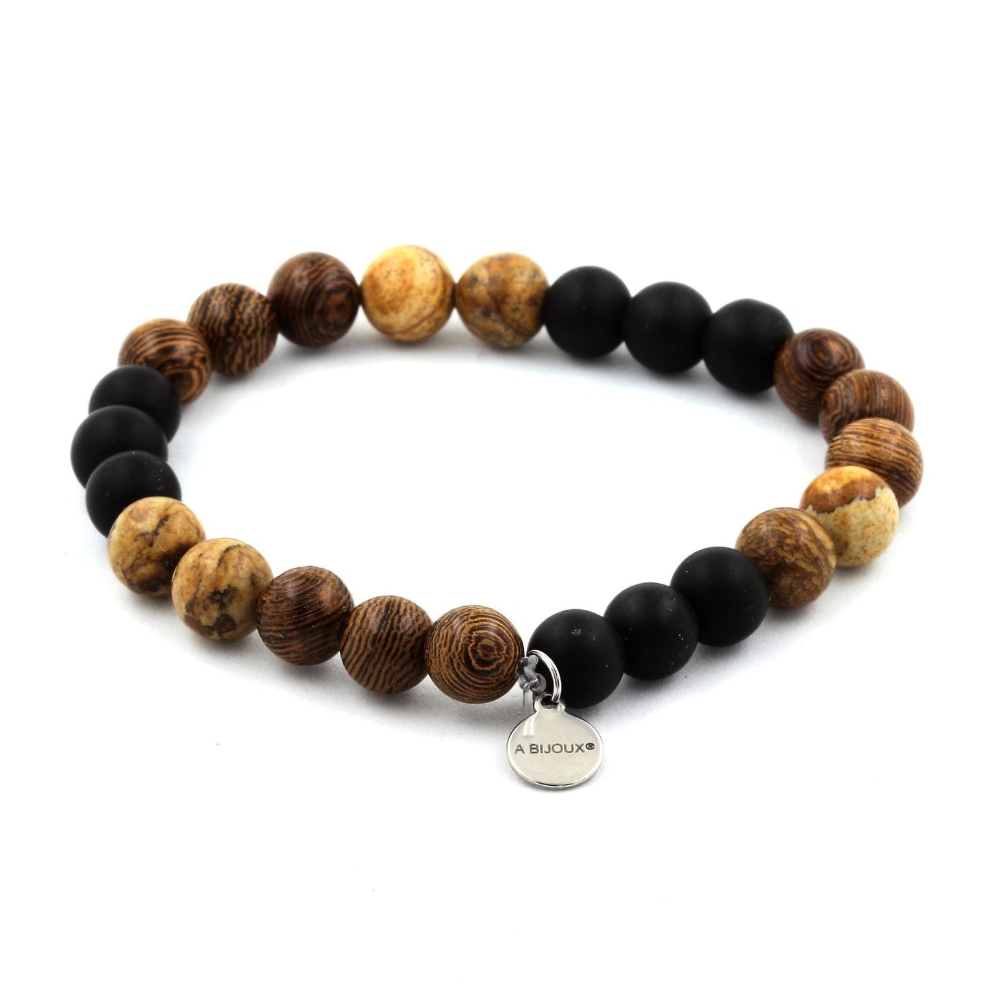 Jaspe Paysage + Onyx noir mat + bois. Bracelet en Perles naturelles