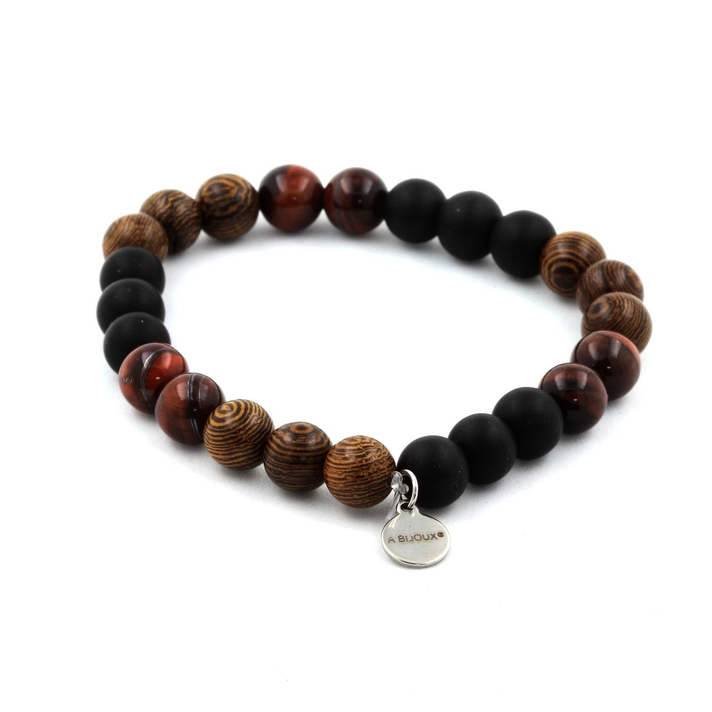 Oeil de Tigre rouge + Onyx noir mat + bois. Bracelet en Perles naturelles