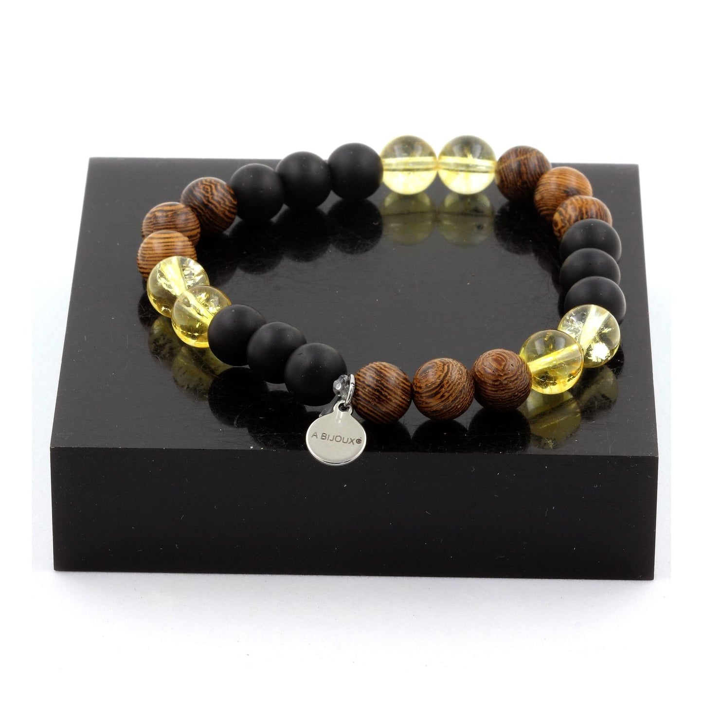 Citrine + Onyx noir mat + bois. Bracelet en Perles naturelles