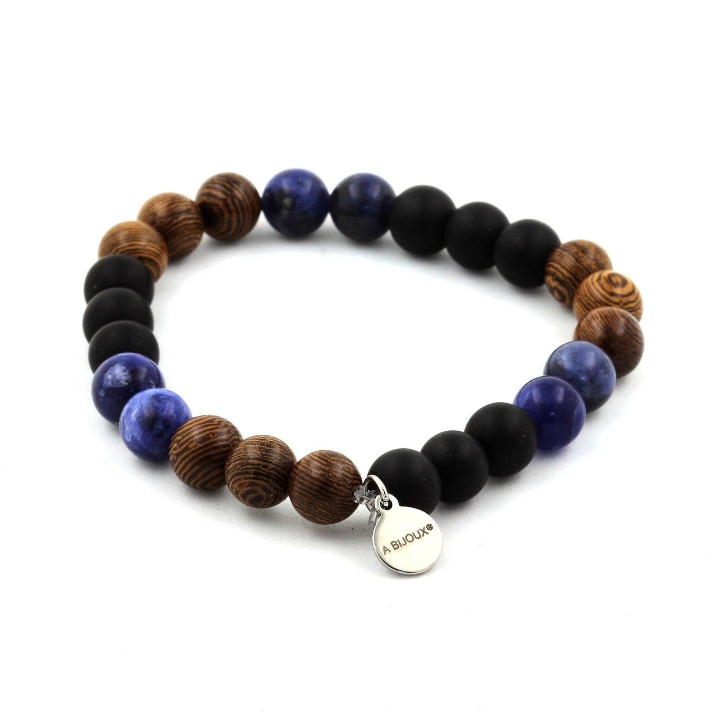 Sodalite + Onyx noir mat + bois. Bracelet en Perles naturelles