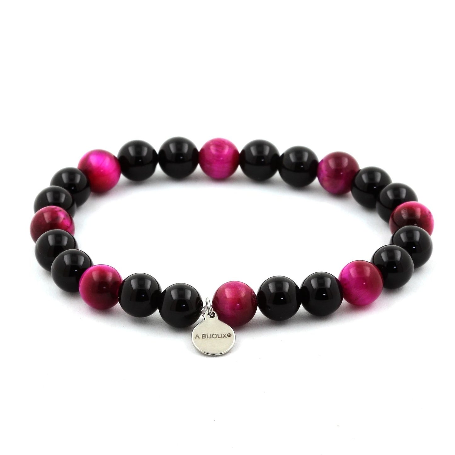 Oeil de Tigre Fuschia + Agate noire. Bracelet en Perles naturelles