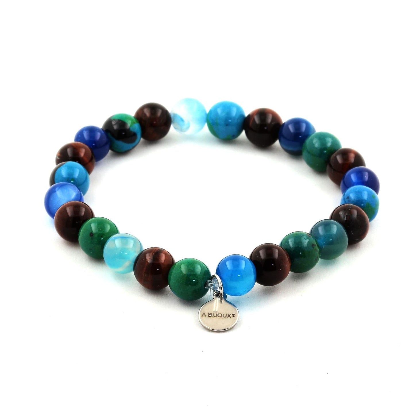 Oeil de Tigre rouge + Chrysocolle + Agate rubanée bleu. Bracelet en Perles naturelles