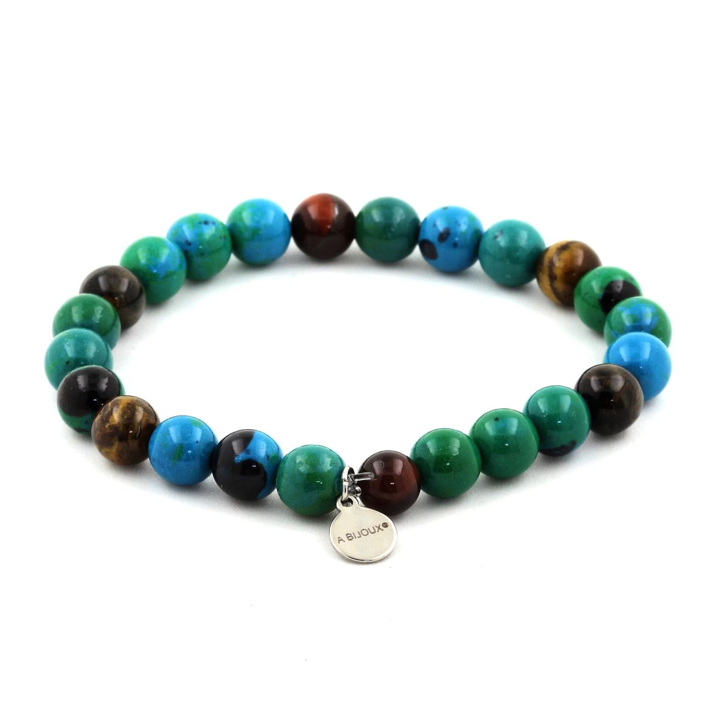 Oeil de Tigre multicolore + Chrysocolle. Bracelet en Perles naturelles