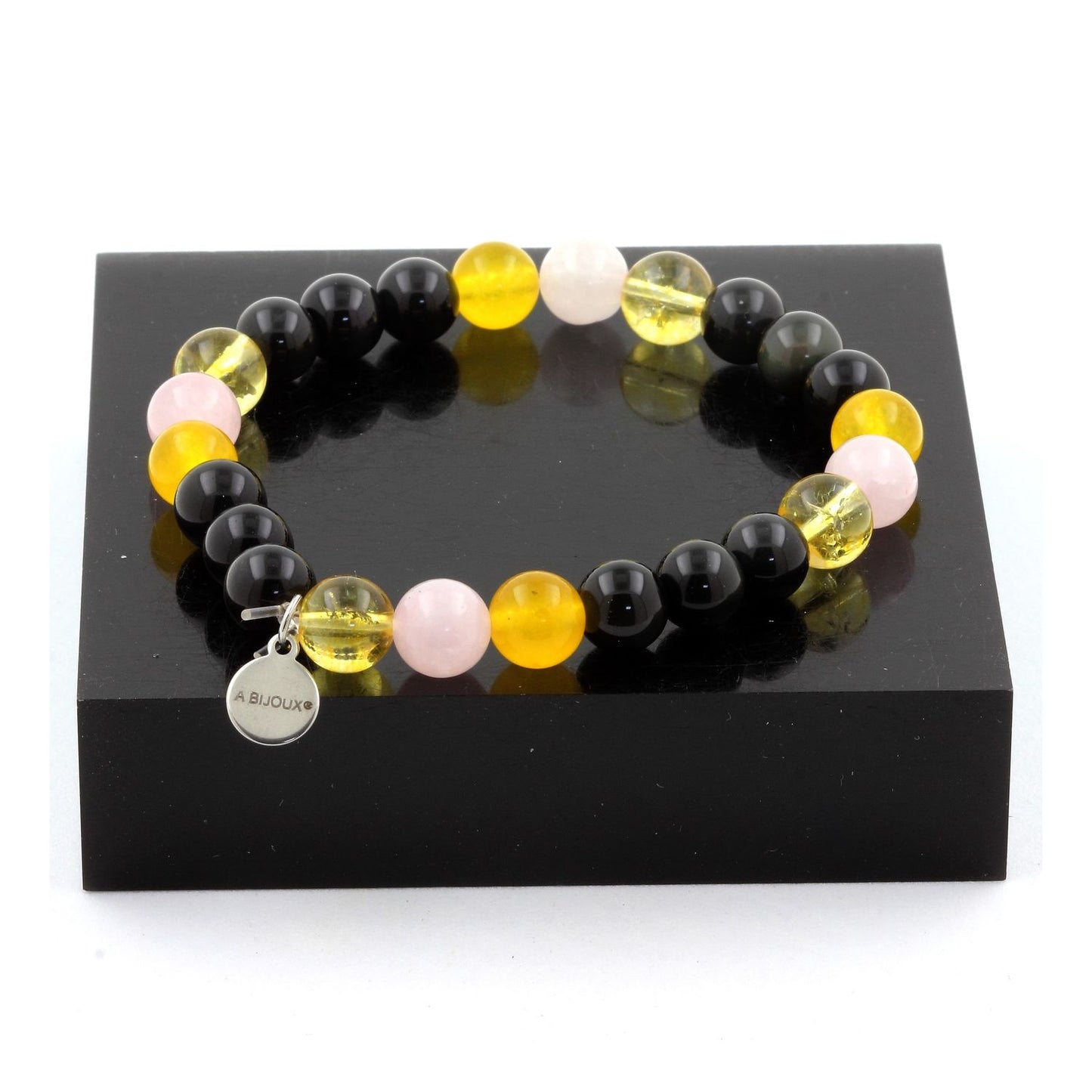 Obsidienne noire + Agate jaune + Citrine + Quartz rose. Bracelet en Perles naturelles