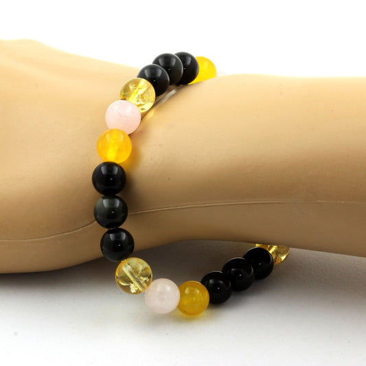 Obsidienne noire + Agate jaune + Citrine + Quartz rose. Bracelet en Perles naturelles