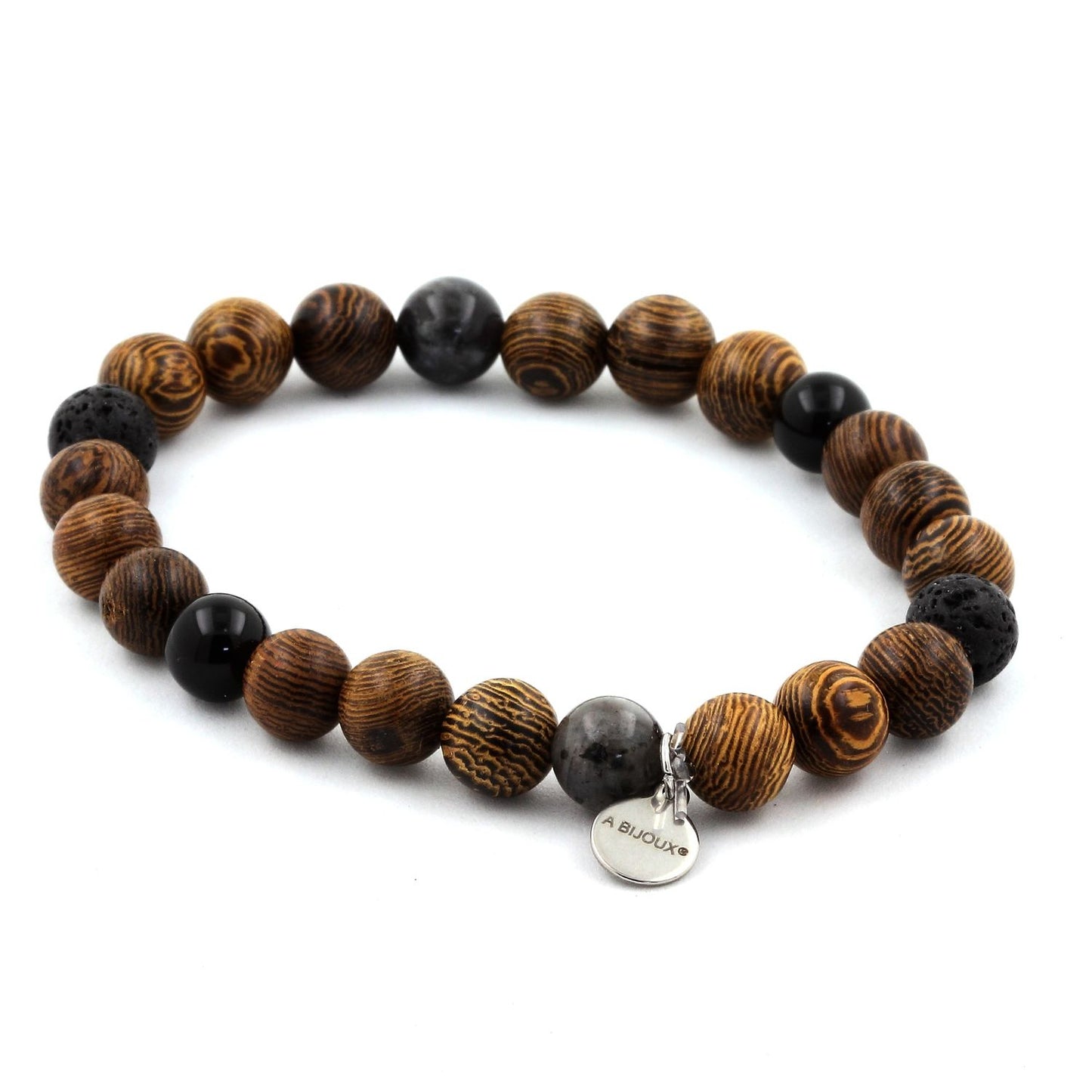 Obsidienne noire + Lave + Labradorite + bois. Bracelet en Perles naturelles