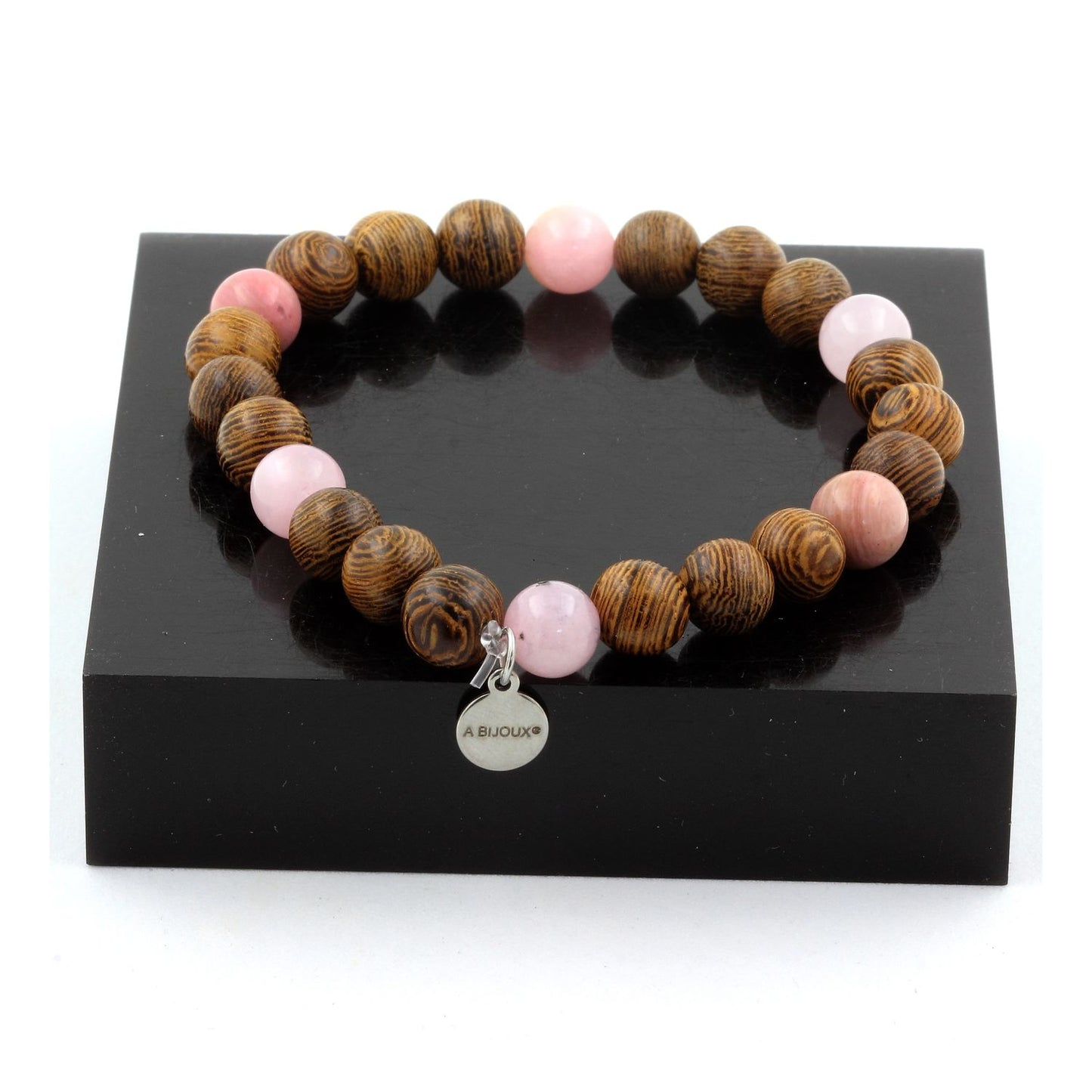 Opale Rose + Rhodonite + Quartz rose + bois. Bracelet en Perles naturelles