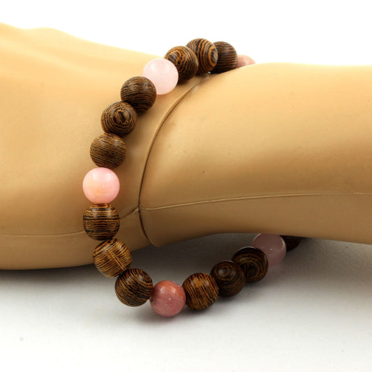 Opale Rose + Rhodonite + Quartz rose + bois. Bracelet en Perles naturelles