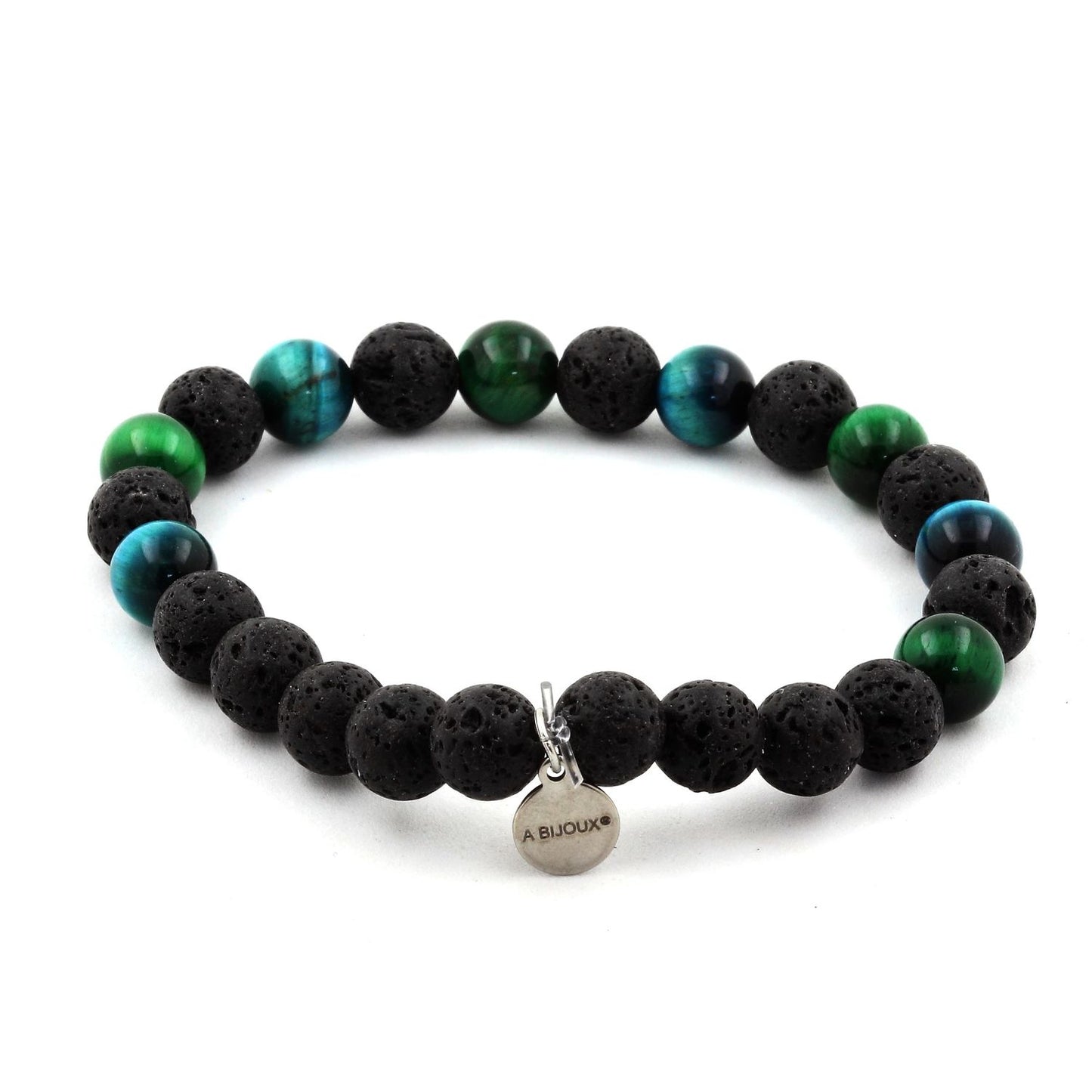 Oeil de Tigre vert + Oeil de Tigre bleu clair + Lave. Bracelet en Perles naturelles