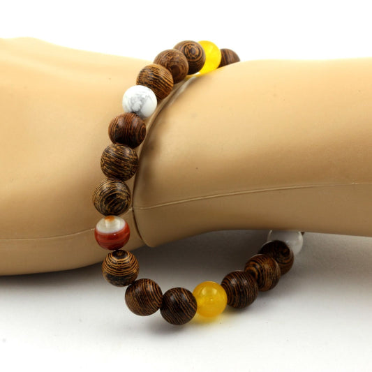 Agate rubanée + Agate jaune + Howlite + bois. Bracelet en Perles naturelles