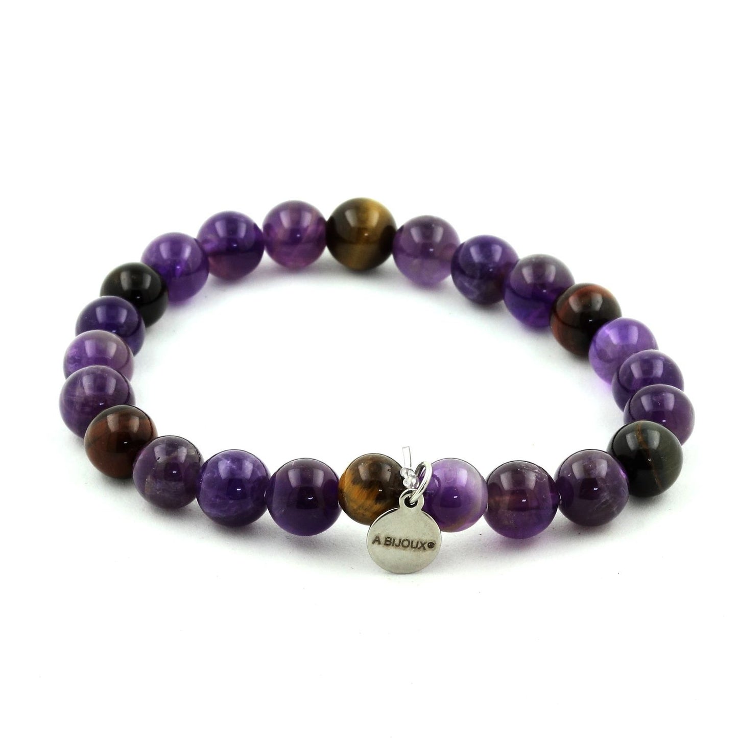 Oeil de Tigre multicolore + Améthyste. Bracelet en Perles naturelles