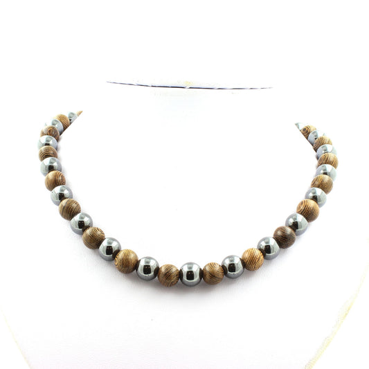Collier perles Hématite + bois de 10 mm