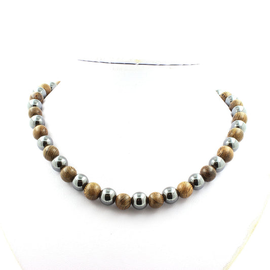 Collier perles Hématite + bois de 8 mm
