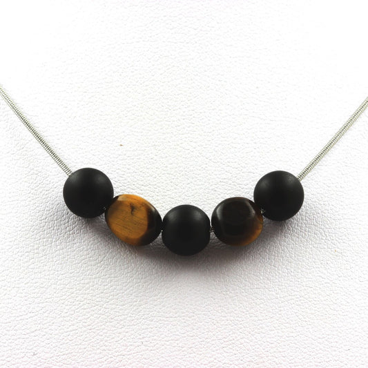 Collier perles Onyx noir mat 8 mm + Oeil de Tigre d'Afrique du Sud