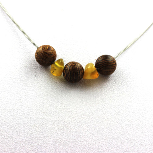 Collier perles bois 8 mm + Opale jaune d'Australie