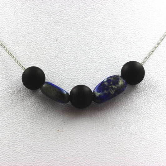 Collier perles Onyx noir mat 8 mm + Lapis Lazuli du Pakistan