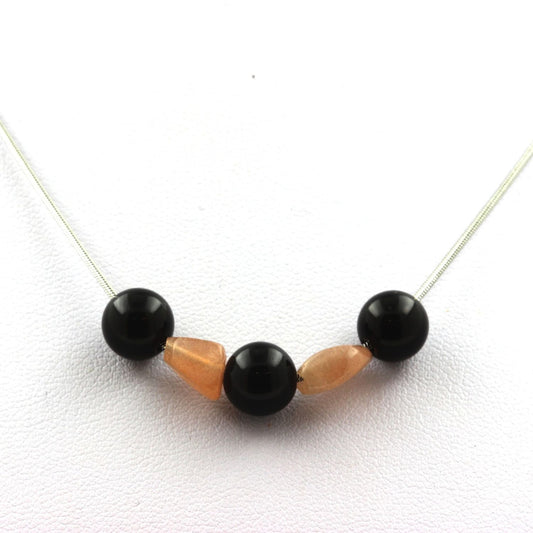 Collier perles Agate noire 8 mm + Pierre de soleil de Tanzanie