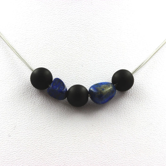 Collier perles Onyx noir mat 8 mm + Lapis Lazuli du Pakistan