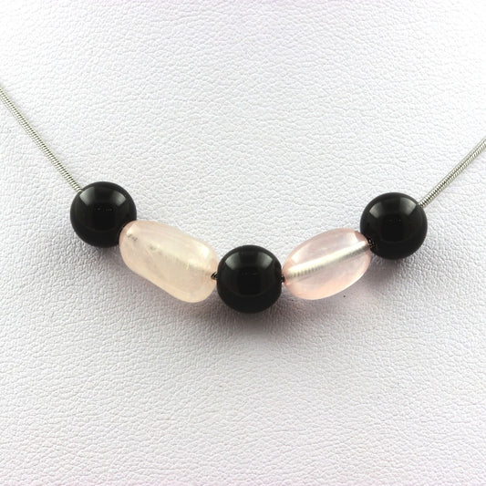 Collier perles Agate noire 8 mm + Quartz rose du Brésil
