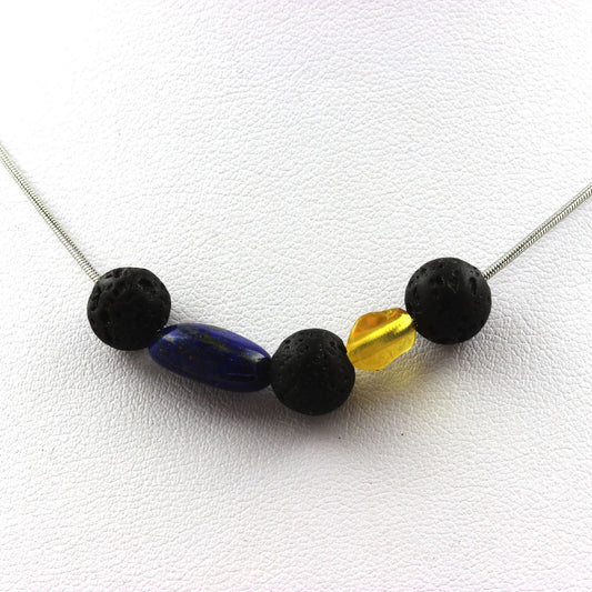 Collier perles Lave 8 mm + Opale jaune d'Australie + Lapis Lazuli du Pakistan