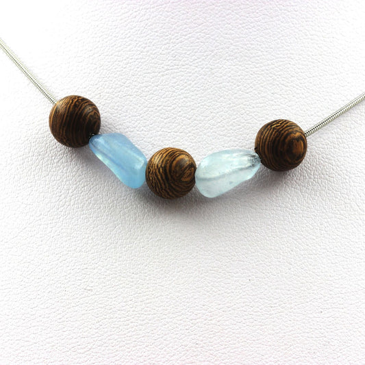 Collier perles bois 8 mm + Aigue-Marine du Brésil