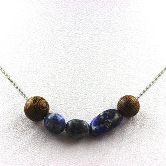 Collier perles bois 8 mm + Lapis Lazuli du Pakistan