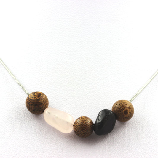 Collier perles bois 8 mm + Tourmaline Schorl du Brésil + Quartz rose du Brésil