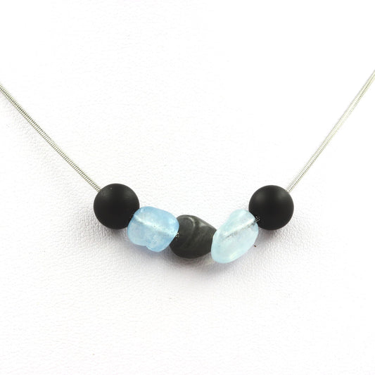 Collier perles Onyx noir mat 8 mm + Labradorite de Finlande + Aigue-Marine du Brésil
