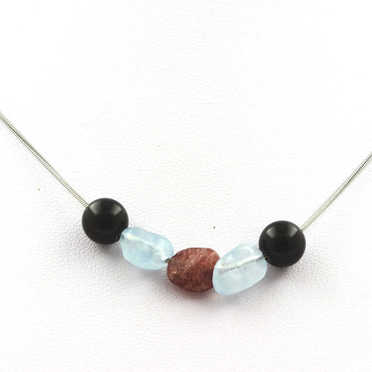 Collier perles Agate noire 8 mm + Aigue-Marine du Brésil + Rubis du Brésil