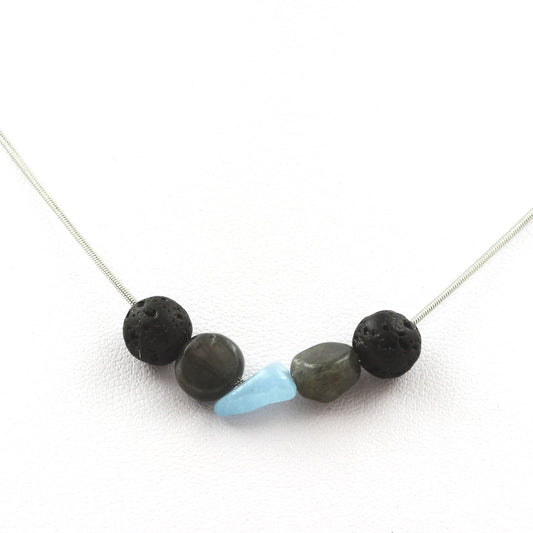 Collier perles Lave 8 mm + Aigue-Marine du Brésil + Labradorite de Finlande