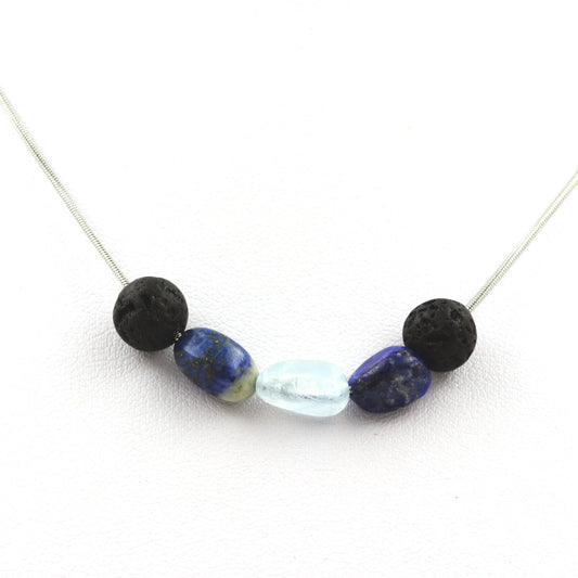 Collier perles Lave 8 mm + Lapis Lazuli du Pakistan + Aigue-Marine du Brésil