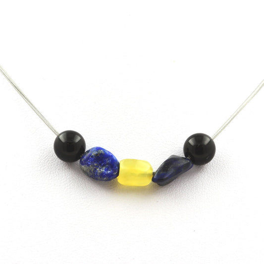 Collier perles Agate noire 8 mm + Opale jaune d'Australie + Lapis Lazuli du Pakistan
