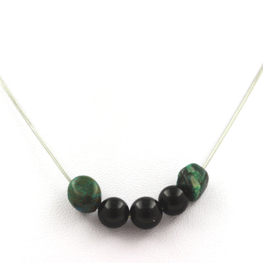 Collier perles Agate noire 8 mm + Chrysocolle des USA