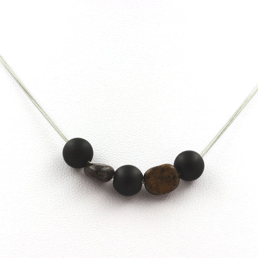 Collier perles Onyx noir mat 8 mm + Bronzite du Brésil