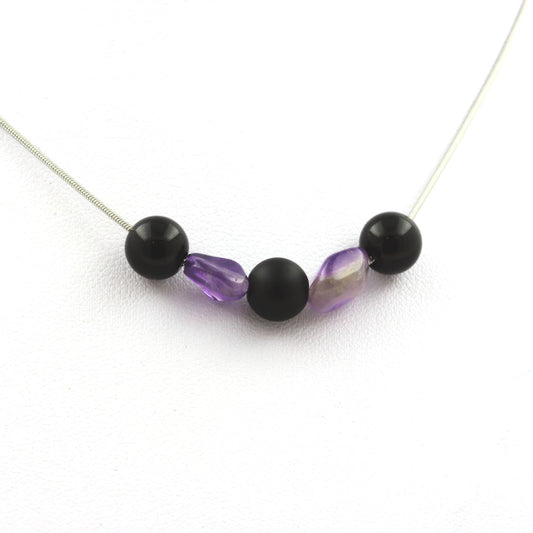 Collier perles Agate noire 8 mm + Améthyste du Brésil + Onyx noir mat