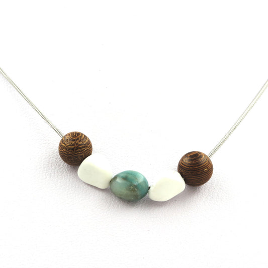 Collier perles bois 8 mm + Howlite des USA + Amazonite du Brésil