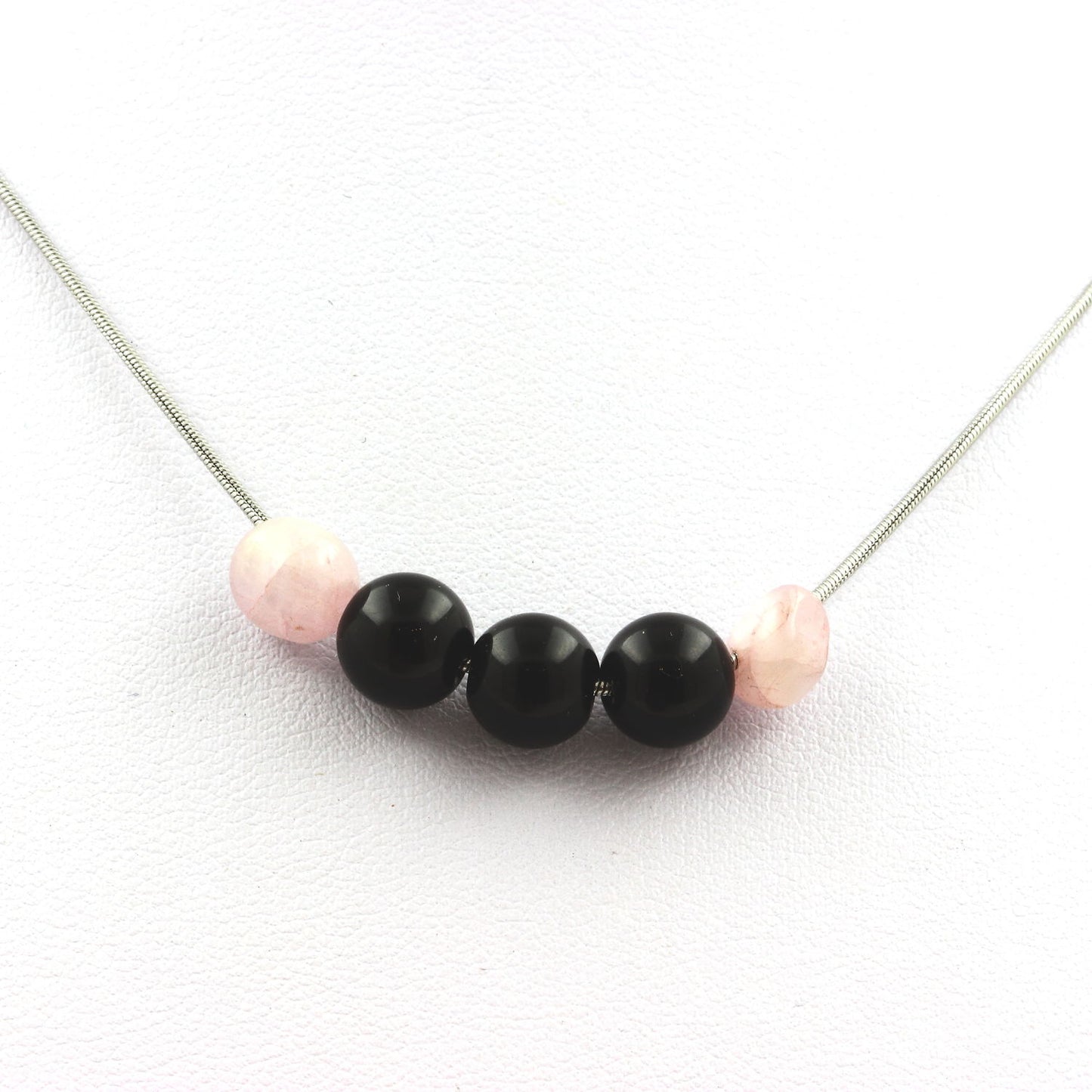 Collier perles Agate noire 8 mm + Kunzite du Brésil