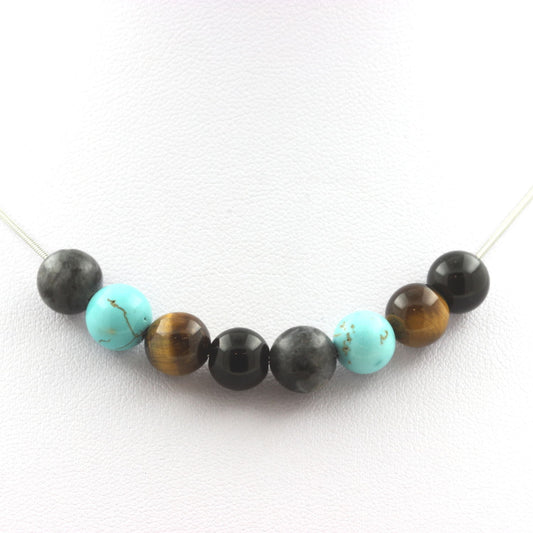 Collier perles Labradorite + Oeil de Tigre + Howlite Turquoise + Agate noire 8 mm
