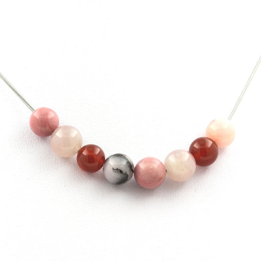 Collier perles Opale Rose + Rhodonite + Agate Rouge + Quartz rose 8 mm