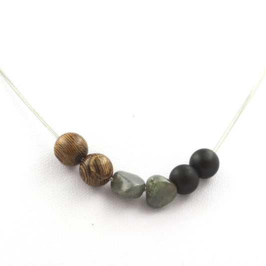 Collier perles bois + Onyx noir mat + Labradorite de Finlande 8 mm