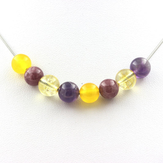 Collier perles Agate jaune + Lépidolite + Citrine + Améthyste 8 mm