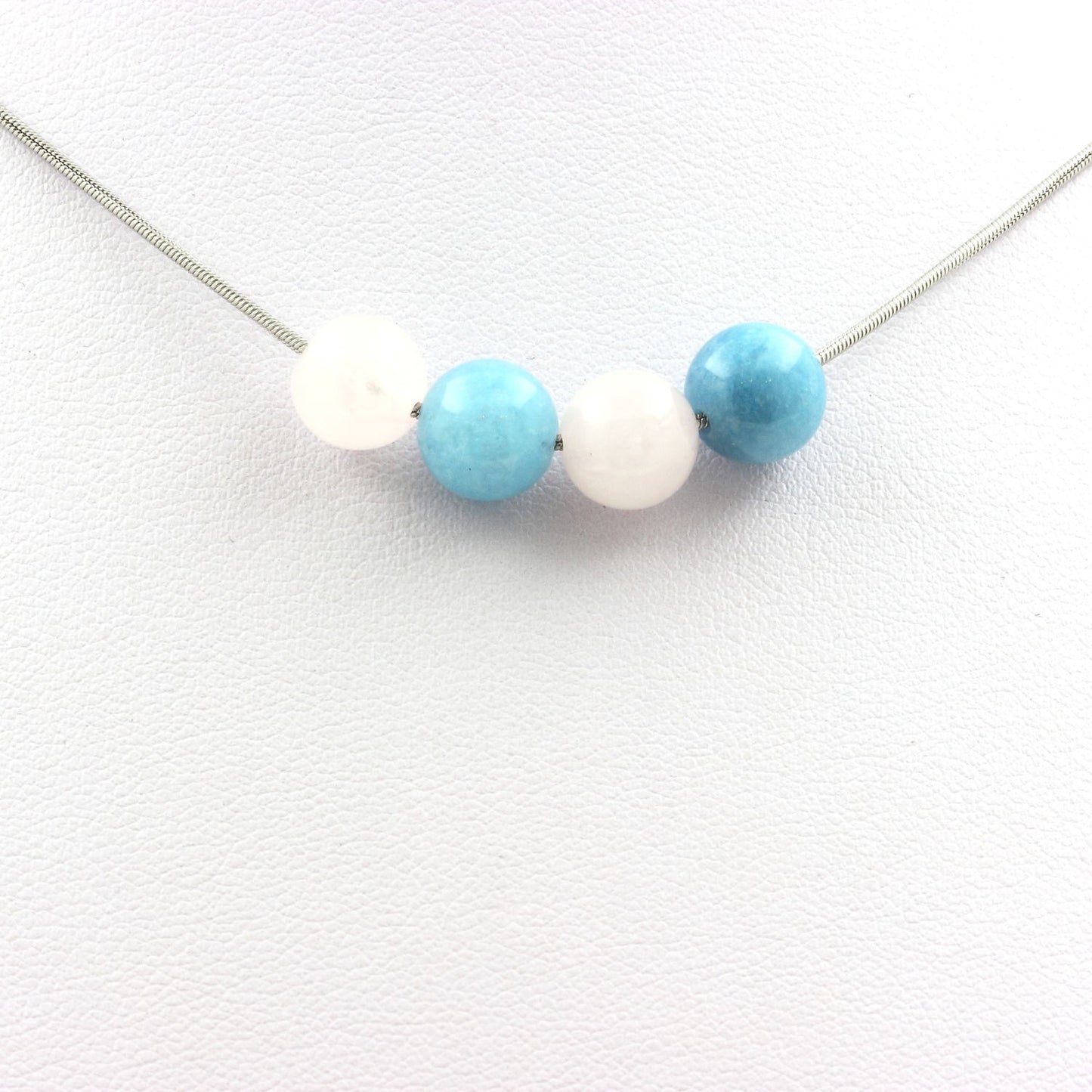 Collier perles Calcédoine bleu + Quartz rose 8 mm