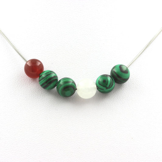 Collier perles Pierre de Lune + Agate rouge + Malachite (avec résine) 8 mm