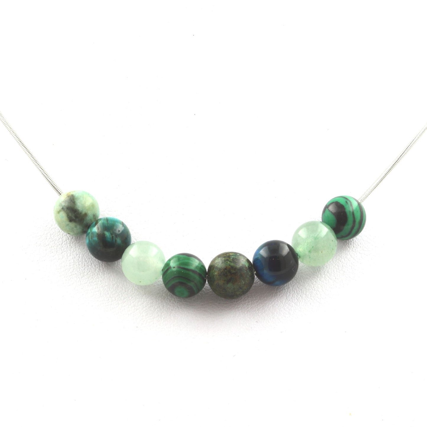Collier perles Oeil de Tigre vert + Malachite (avec résine) + Aventurine + Turquoise Africaine 8 mm