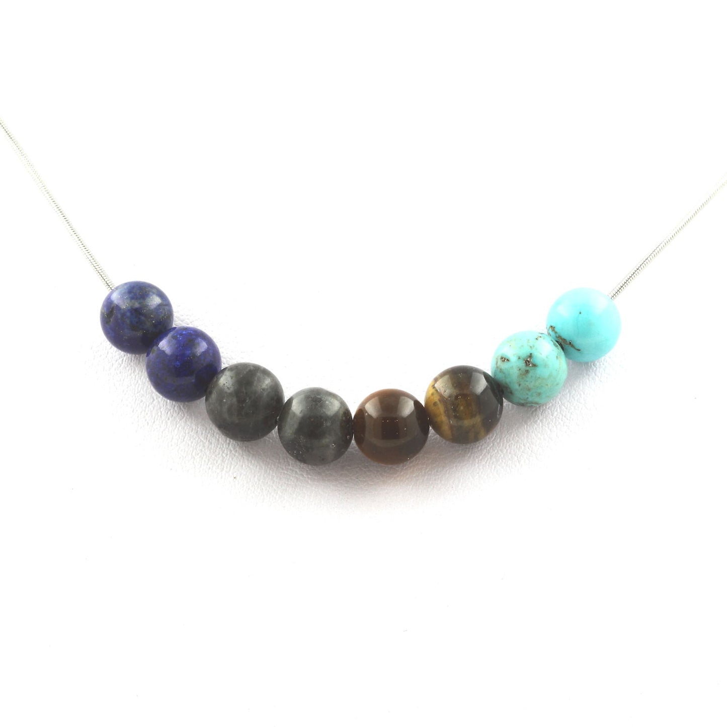 Collier perles Labradorite + Oeil de Tigre + Turquoise + Lapis Lazuli 8 mm