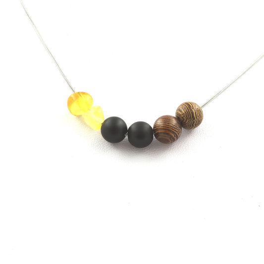 Collier Opale jaune d'Australie + Perles Onyx noir mat + bois 8 mm