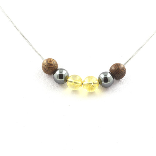 Collier Citrine + Hématite + bois 8 mm