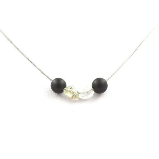 Collier Quartz Tourmaline rutile du Brésil + Perles Onyx noir mat 8 mm