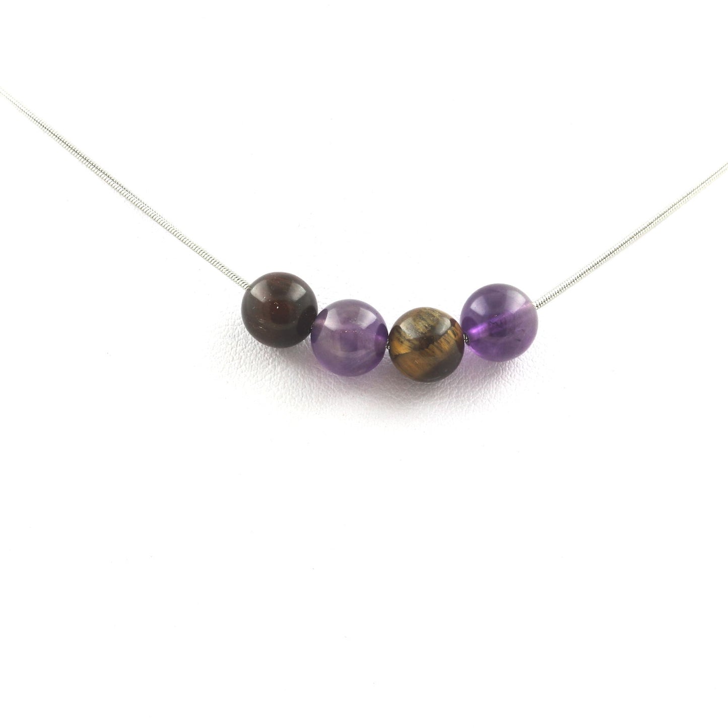 Collier perles Oeil de Tigre multicolore + Améthyste 8 mm