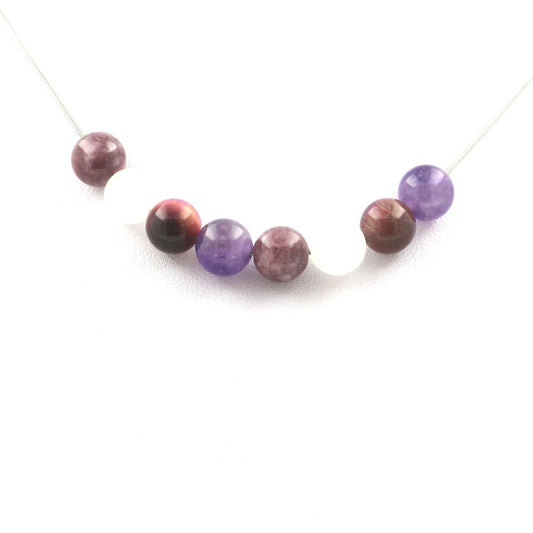 Collier perles Oeil de Tigre violet + Améthyste + Pierre de lune + Lépidolite 8 mm